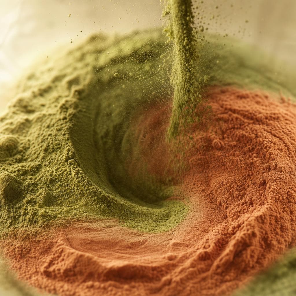 Green and terracotta food powders being poured and blended